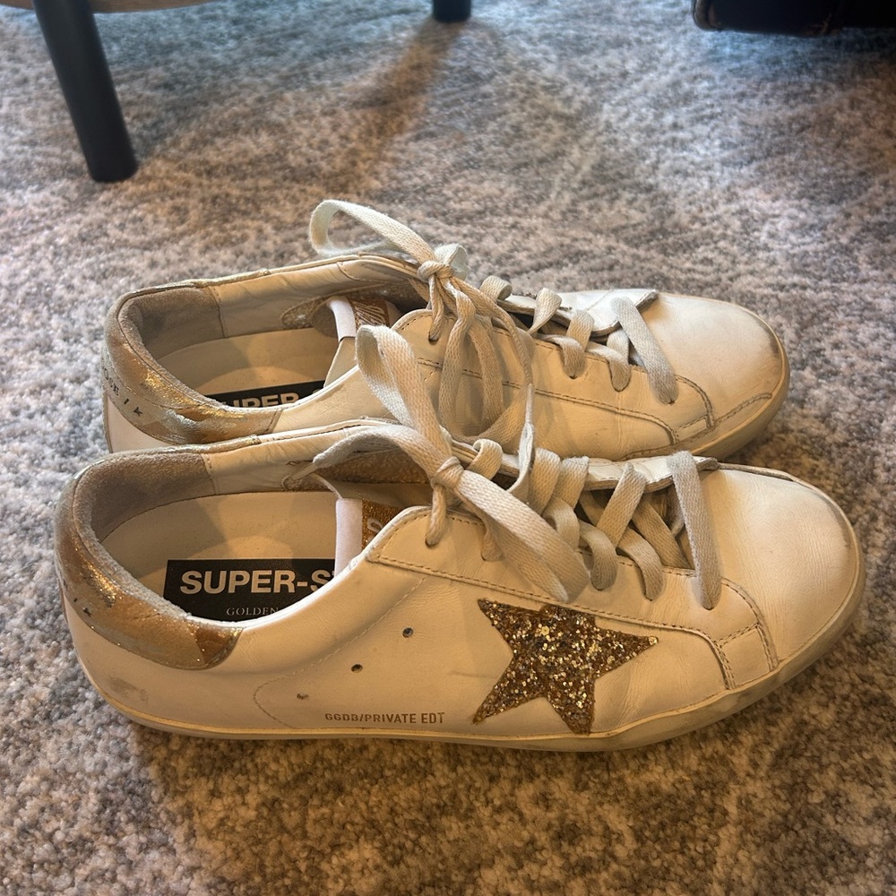 Golden Goose White and Silver Glitter Star Sneakers